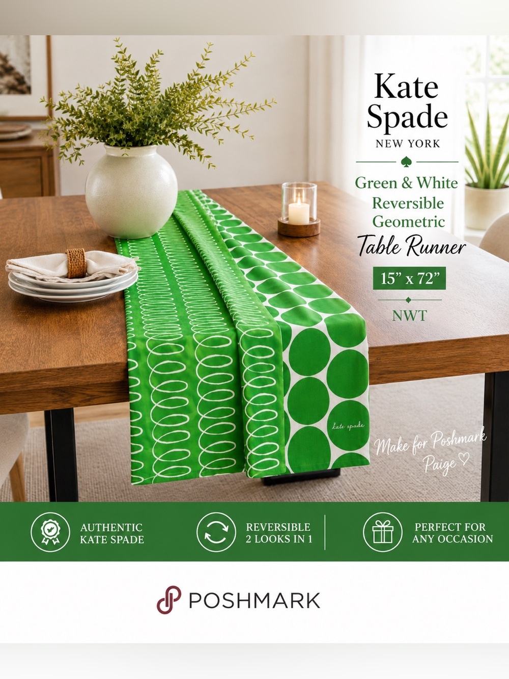 Kate Spade New York Green White Reversible Geometric Table Runner 15” x 72” NWT